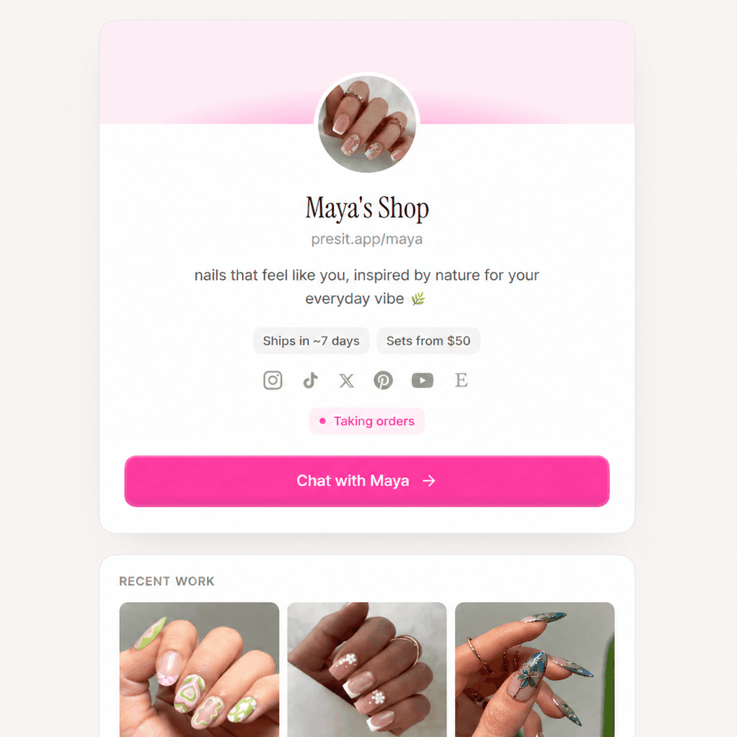 A creator's Presit shop page: portfolio, prices, status, and a chat button — exactly what clients see from the bio link.