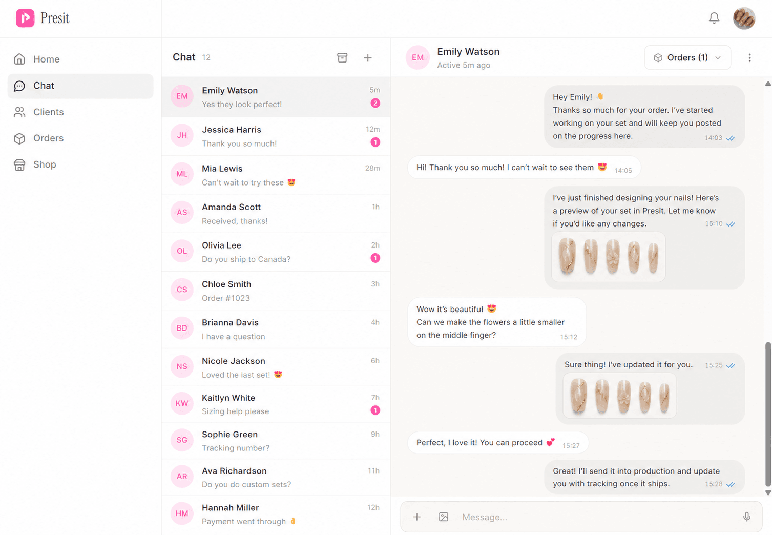 Presit chat: one thread per client with inspo photos, design approvals, and voice notes.