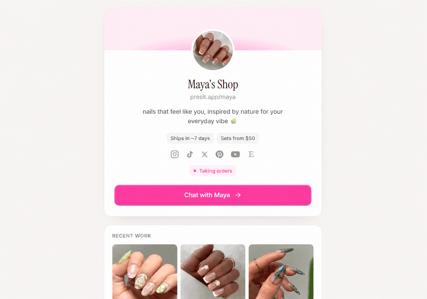 Presit shop bio page at presit.app/you with portfolio, prices, and a chat CTA.